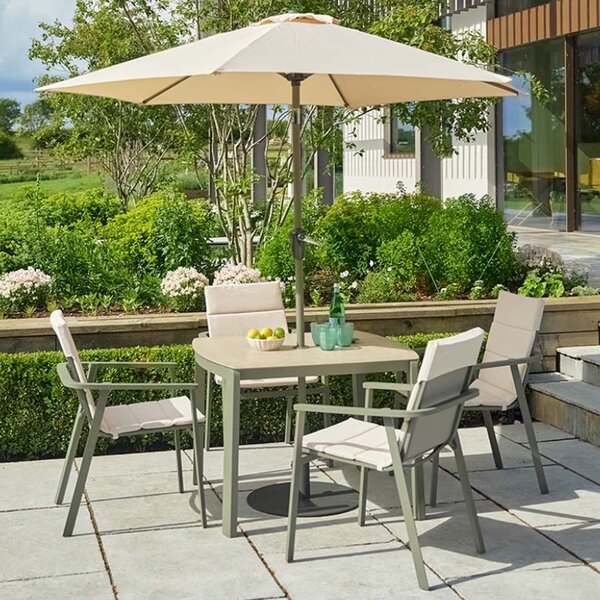 Tosano Garden Ceramic Glass Stone Top Dining Set with 2.5m Parasol in Sage Green and Cream