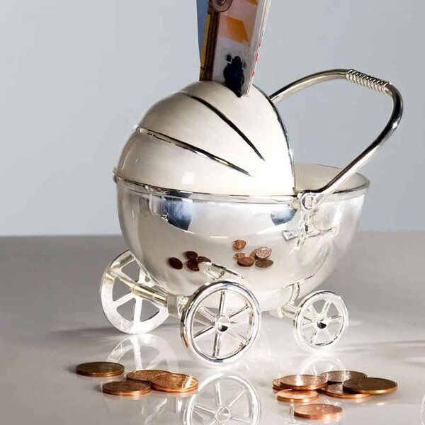 Stroller Money Box Lockable In Chrome With Cream And Silver