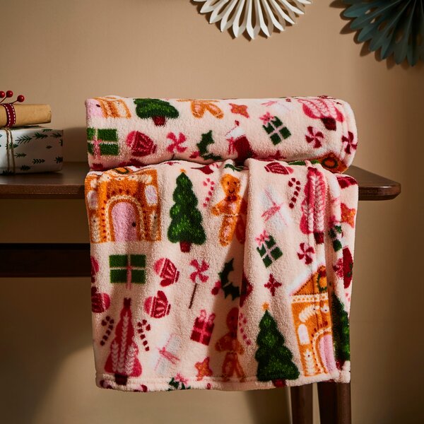 Gingerbread House Fleece Throw 130cm x 170cm Red