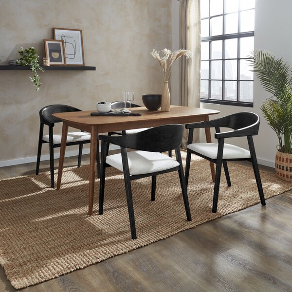 Karla Rectangular Extendable Dining Table with Oskar Black Stained Ivory Boucle Dining Chairs