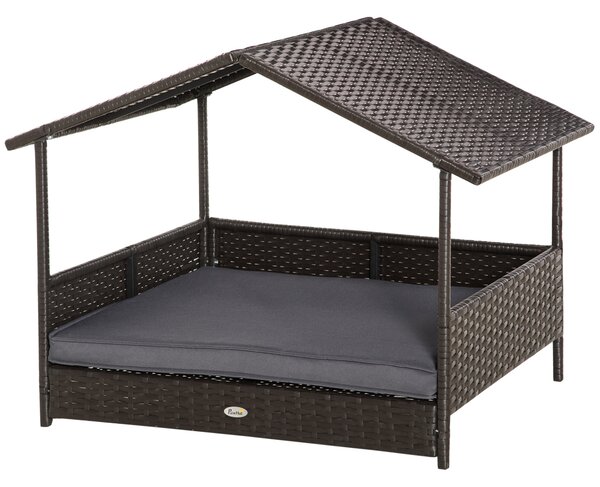 PawHut Rattan Dog House, Elevated Wicker Pet Bed Lounge with Removable Cushion and Canopy, for Small and Medium Dogs, 98 x 69 x 73cm - Grey Aosom UK