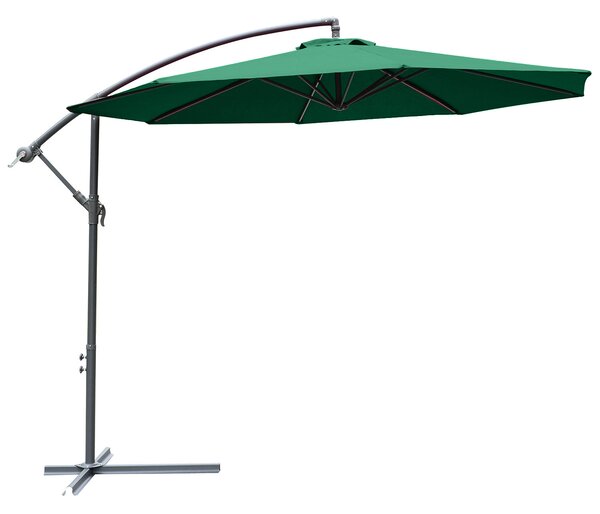 Outsunny Waterproof Banana Cantilever Parasol: 3m Hanging Umbrella with Crank & Cross Base, Outdoor Sun Shelter, Verdant Green Aosom UK