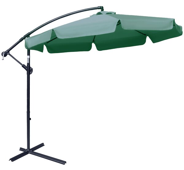 Outsunny 2.7m Garden Parasol Cantilever Umbrella with Crank Handle and Cross Base for Outdoor, Hanging Sun Shade, Green