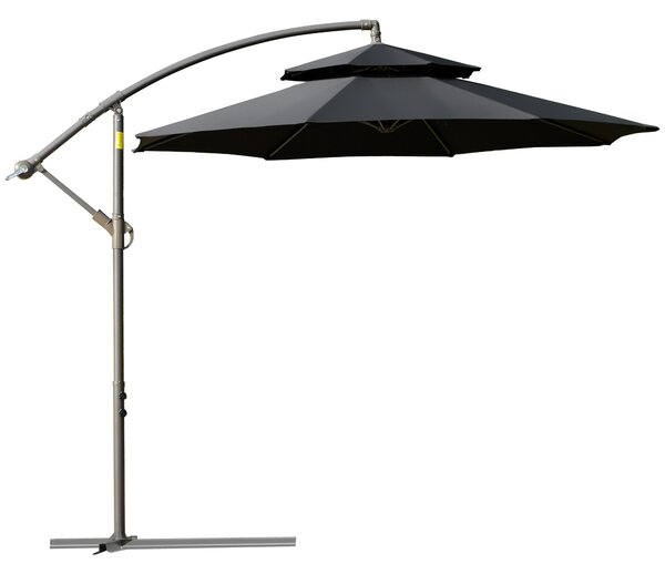 Outsunny Cantilever Parasol: 2.7m Banana Umbrella with Crank Handle, Double-Tier Canopy, Cross Base, Hanging Sun Shade, Black Aosom UK