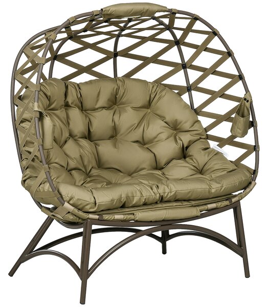 Outsunny 2 Seater Egg Chair Outdoor, Folding Weave Garden Furniture Chair with Cushion, Cup Pockets - Khaki