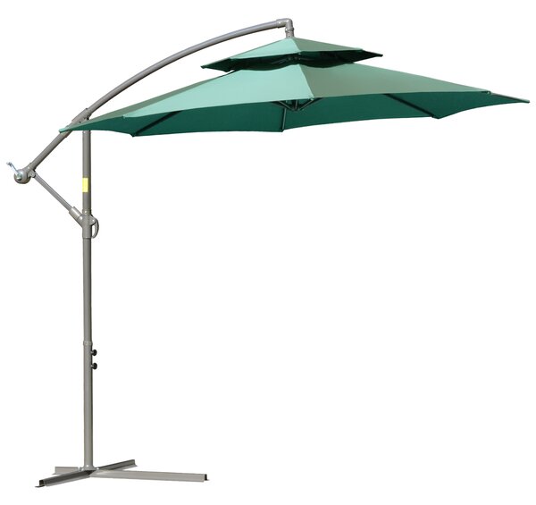Outsunny 2.7m Cantilever Banana Parasol with Crank Handle, Double Tier Canopy & Cross Base, Outdoor Hanging Sun Shade, Green Aosom UK