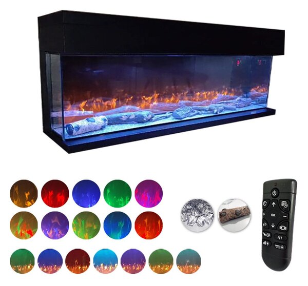 3 Sided Electric Fireplace ElectricSun VISTA Medium Wall Mounted, Free Standing or Built-in with Sound Effect, 7 Colour, L153xH50cm