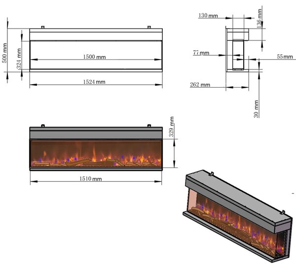 3 Sided Electric Fireplace ElectricSun VISTA Medium Wall Mounted, Free Standing or Built-in with Sound Effect, 7 Colour, L153xH50cm