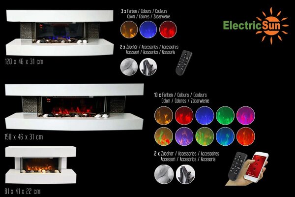 Wall Mounted Electric Fires ElectricSun Paula BIG White Electric Fire, with Sound Effect, 10 Colour, with APP, W150xH46x31cm