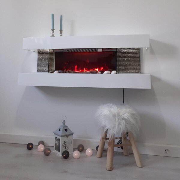 Wall Mounted Electric Fires ElectricSun Paula Medium White Modern Electric Fireplace, with Sound Effect, 10 Colour, with APP, W120xH46x31cm