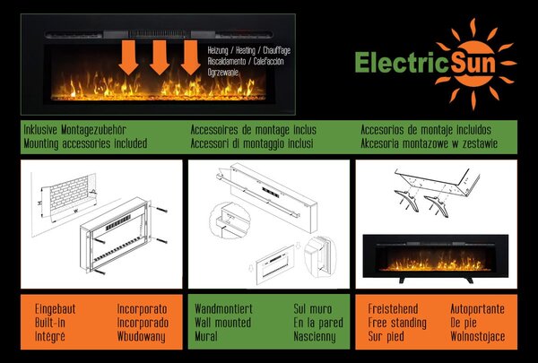 Wall Mounted Electric Fires, Free Standing, Incorporated ElectricSun Paula Glass small Black, 10 Colour, with Sound Effect, with APP, L122xH45x16cm