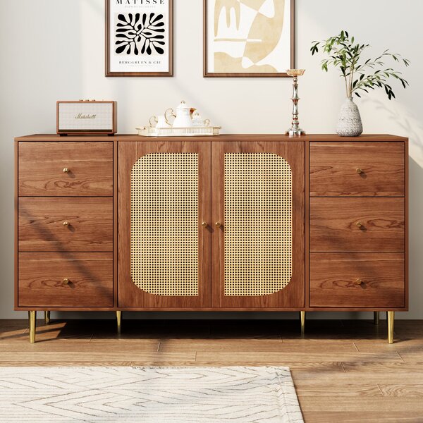 Modern Sideboard with Rattan Door Design, 6 Drawers, Wooden Texture, and Gold Metal Legs, for Hallway, 160L x 40W x 90H cm, Natural Walnut Aosom.UK