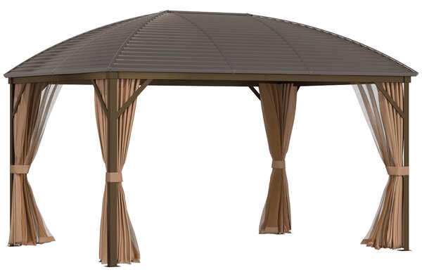 Outsunny 4 x 3(m) Patio Aluminium Gazebo Hardtop Metal Roof Canopy Party Tent Garden Outdoor Shelter with Mesh Curtains & Side Walls, Brown
