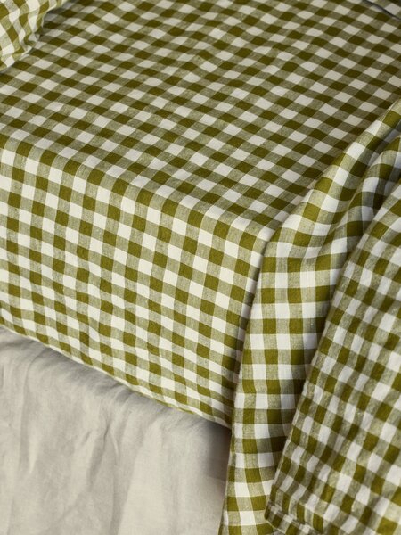 Botanical Green Gingham 100% Linen Fitted Sheet | Single | Piglet in Bed