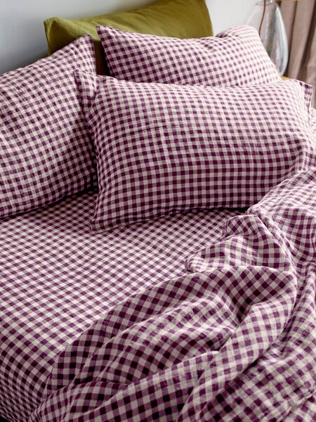Berry Gingham Linen Blend Fitted Sheet | Single | Piglet in Bed