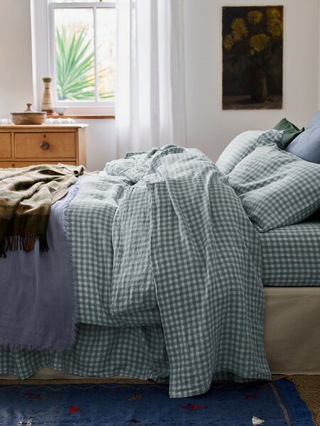 Warm Blue Gingham Linen Blend Flat Sheet | Single | Piglet in Bed