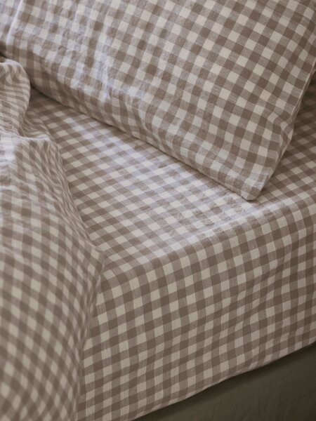 Mushroom Gingham Linen Blend Fitted Sheet | Double | Piglet in Bed