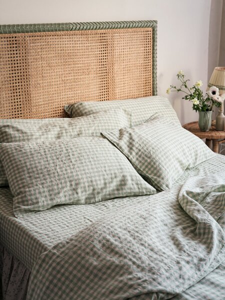 Sage Green Gingham Linen Blend Pillowcase (Pair) | Super King | Piglet in Bed