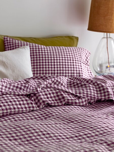Berry Gingham Linen Blend Flat Sheet | Single | Piglet in Bed