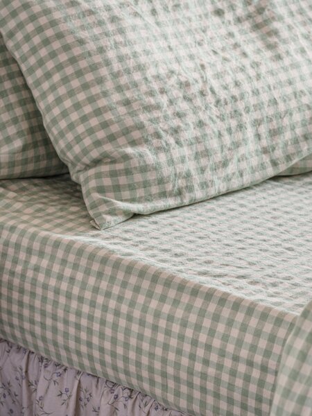 Sage Green Gingham Linen Blend Fitted Sheet | Single | Piglet in Bed