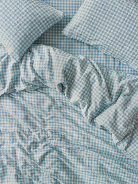 Warm Blue Gingham Linen Blend Duvet Cover | Single | Piglet in Bed