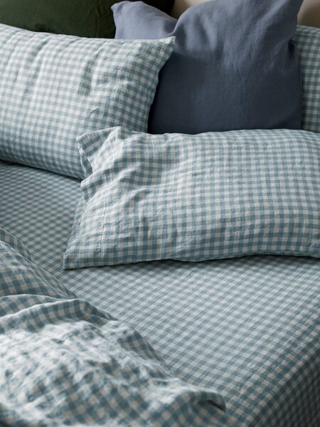 Warm Blue Gingham Linen Blend Fitted Sheet | Double | Piglet in Bed