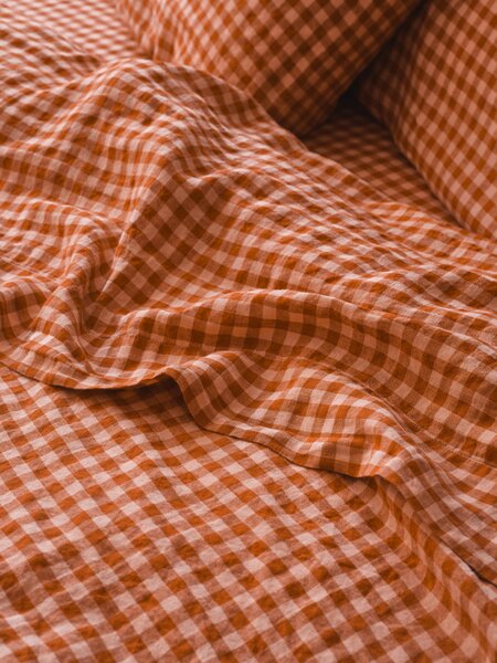 Cinnamon & Peach Colour Drenched Gingham Linen Blend Flat Sheet | Single | Piglet in Bed