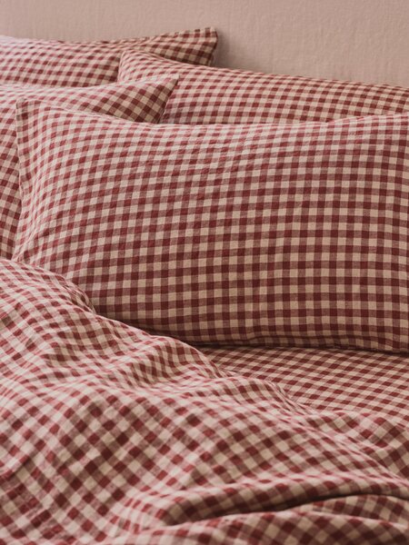 Rhubarb Gingham 100% Linen Pillowcases (Pair) | Super King | Piglet in Bed