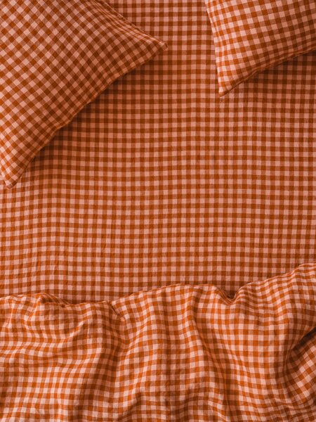 Cinnamon & Peach Colour Drenched Gingham 100% Linen Fitted Sheet | Single | Piglet in Bed