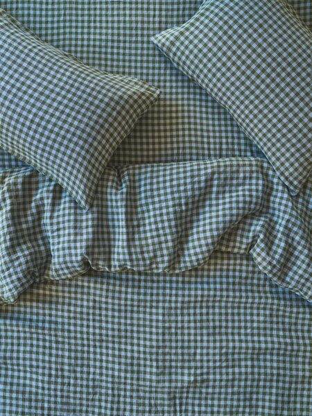 Fern Green & Dusk Blue Colour Drenched Gingham Linen Blend Duvet Cover | Single | Piglet in Bed