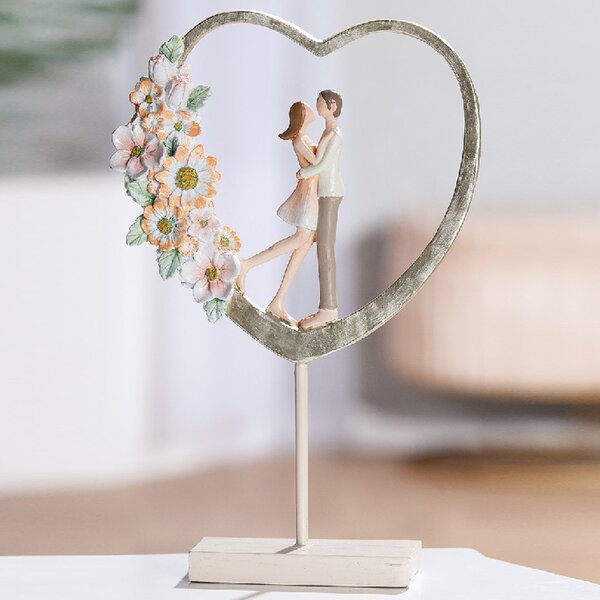 Carnation Synthetic Resin Couple Heart Sculpture In Cream And Pink