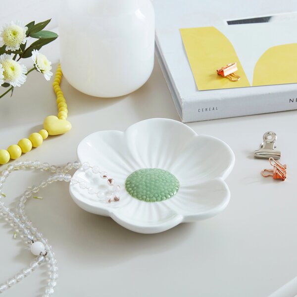 Embossed Daisy Ceramic Trinket Tray White