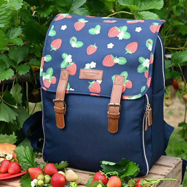 Strawberries & Cream Insulated 4 Person Insulated Floral Picnic Backpack Set Blue