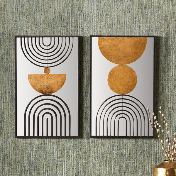 Set of 2 Art Deco Style Mirrored and Glass Wall Art Gold