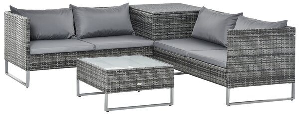 Outsunny 4 PCs Garden Rattan Wicker Outdoor Furniture Patio Corner Sofa Love Seat and Table Set with Cushions Side Desk Storage - Mixed Grey