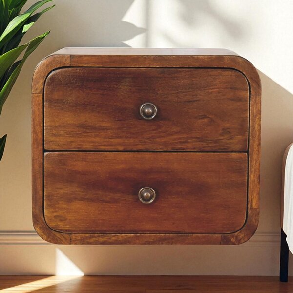 Solid Mango Wood Floating Mini Bedside with 2 Smooth-Gliding Drawers, Handcrafted Desk with Stain-based Finish, 25L x 30W x 25H cm, Brown Aosom UK