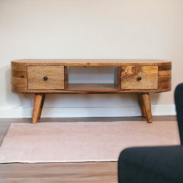 Solid Wood Mini Rounded Entertainment Unit with 2 Smooth‑Gliding Drawers, Handcrafted Table with Open Slot, 30L x 100W x 37H cm, Brown Aosom UK