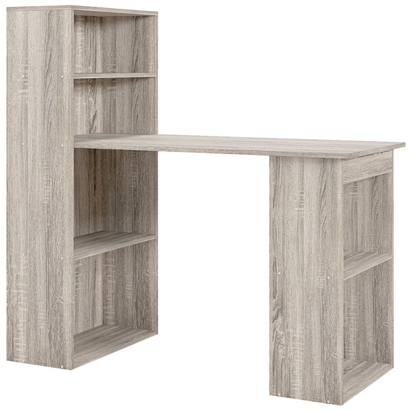 HOMCOM 120cm Modern Computer Desk Bookshelf Study Table Workstation PC Laptop Writing Home Office 6 Shelves, Grey Wood-Effect
