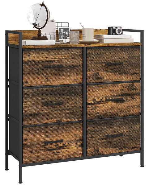HOMCOM Rustic Chest of Six Fabric Drawers - Brown Wood Effect Aosom UK