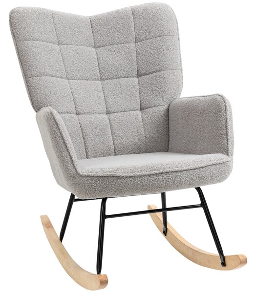 HOMCOM Berber Fleece Nursery Glider Rocker for Nursing, Wingback Rocking Chair for Living Room, Light Grey