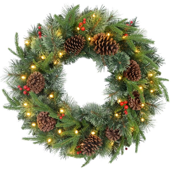 HOMCOM 60cm Pre-Lit Christmas Wreath for Front Door with LED Lights, Pine Cones and Red Berries, Winter Wreath for Windows, Wall Decoration, Green Aosom UK