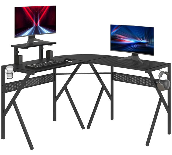 HOMCOM Gaming Desk L-Shaped Corner Computer Table for Home Office PC Workstations with Adjustable Monitor Stand , Black