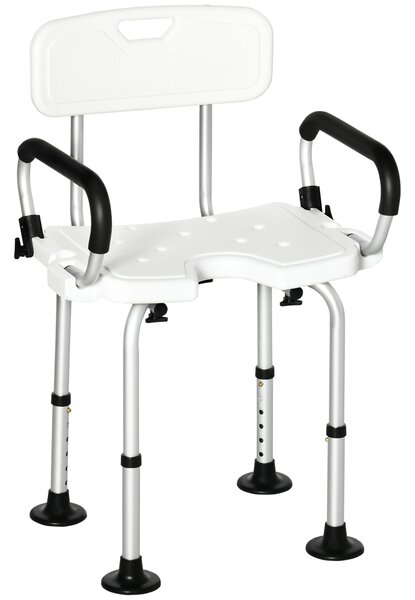 HOMCOM Shower Chair for the Elderly and Disabled, Height Adjustable Shower Stool with Back and Flipped Padded Arms, Suction Foot Pads, White