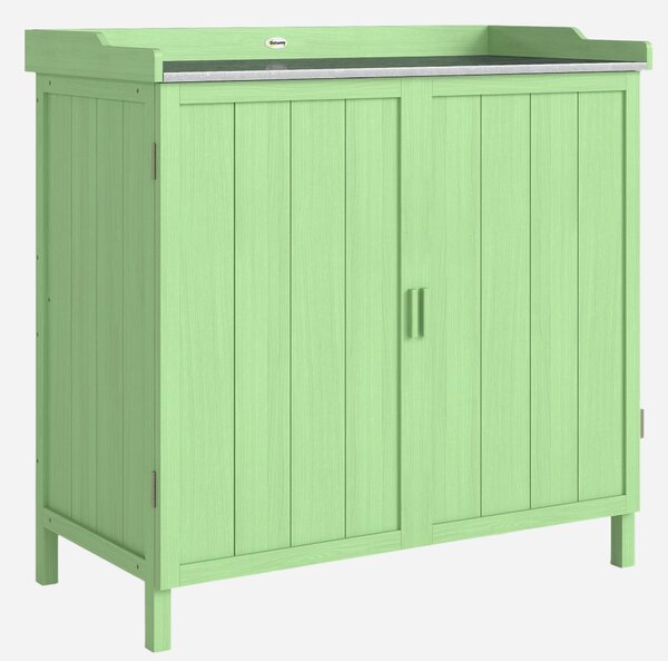 Outsunny Wood Garden Storage Cabinet, Outdoor Tool Shed, Potting Bench Table with galvanised Top and Two Shelves for garden Tools or Pool Accessories, Green