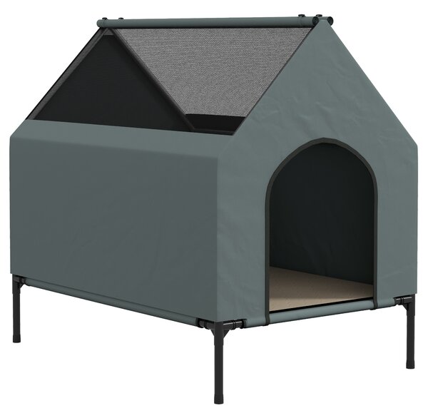 PawHut Dog House Outdoor Elevated Dog Bed with Removable Cover, Mesh Windows, Storage Bag, for S and M-Sized Dogs, Grey