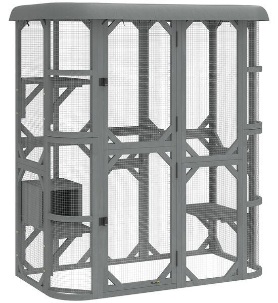 PawHut Catio Outdoor Cat Enclosure, Wooden Cat House with Platforms, Condo and Waterproof Cover for 2–3 Kittens, Grey
