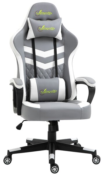 Vinsetto Ergonomic Gaming Chair with Lumbar Support, Adjustable Headrest and Swivel Wheels, PVC Leather, Grey/White
