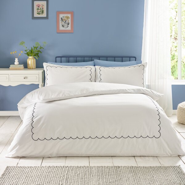 Catherine Lansfield Scallop Border Embroidered Duvet Cover Bedding Set White Navy