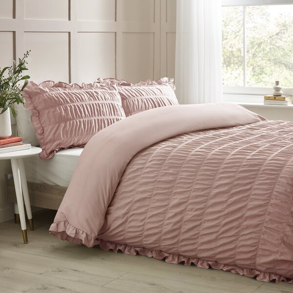 Catherine Lansfield Seersucker Frill Easy Care Duvet Cover Bedding Set Pink