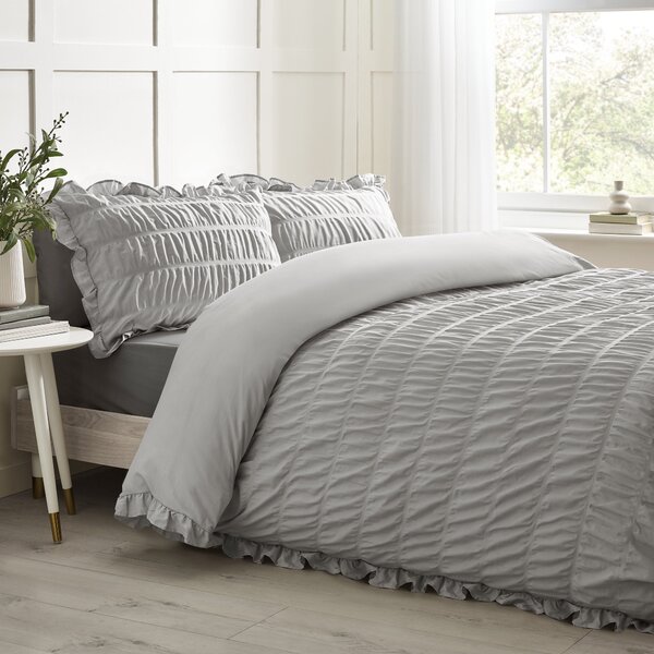 Catherine Lansfield Seersucker Frill Easy Care Duvet Cover Bedding Set Silver